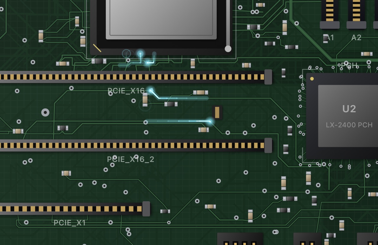 The Circuitry screensaver — a camera low over a motherboard, with charges of light running along the copper traces